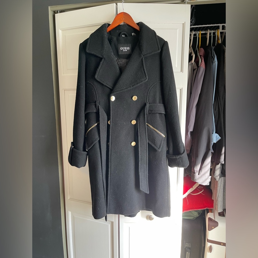 GUESS Women's Black Pea Coat with Gold Buttons